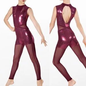 WEISSMAN Elite Dance Costume red mesh Hologram Dot Unitard NV12034 LC child